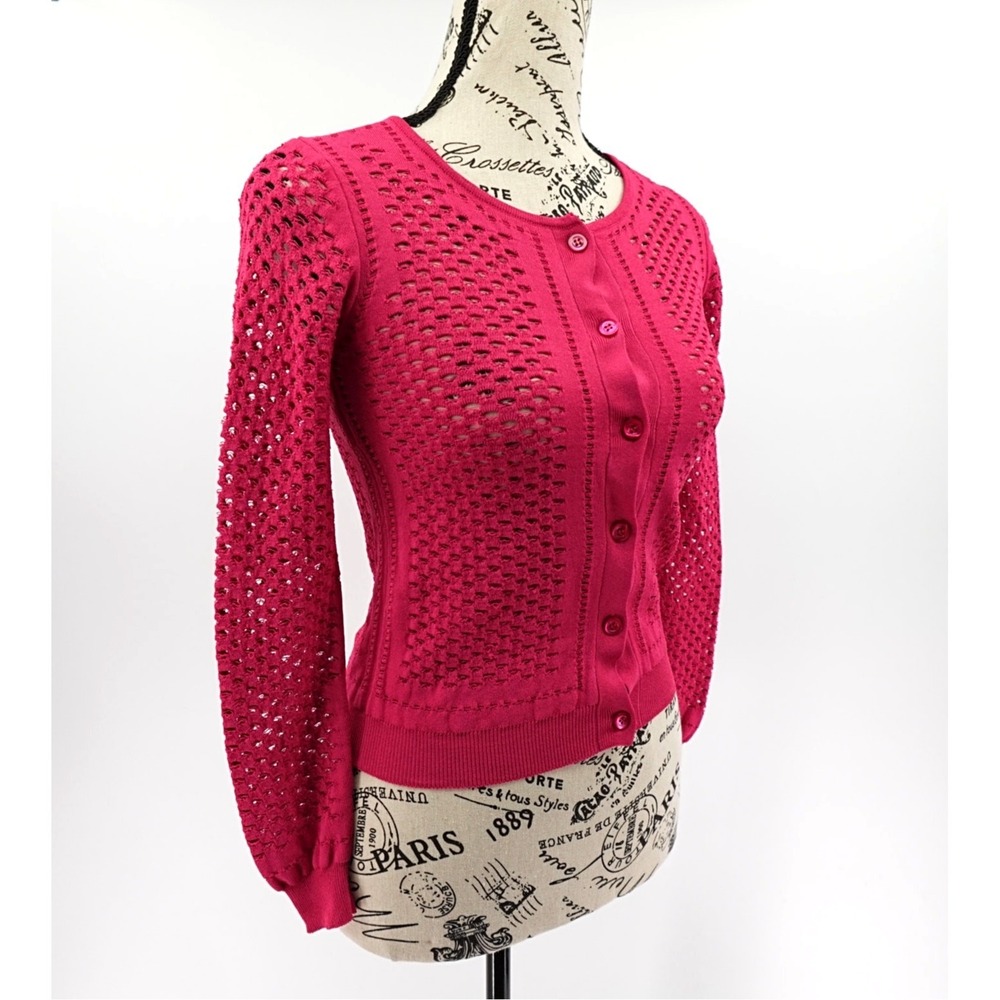 Moschino Cardigan Womens 4 Pink Cropped Fine Knit Open Stitched‎ Statement Italy